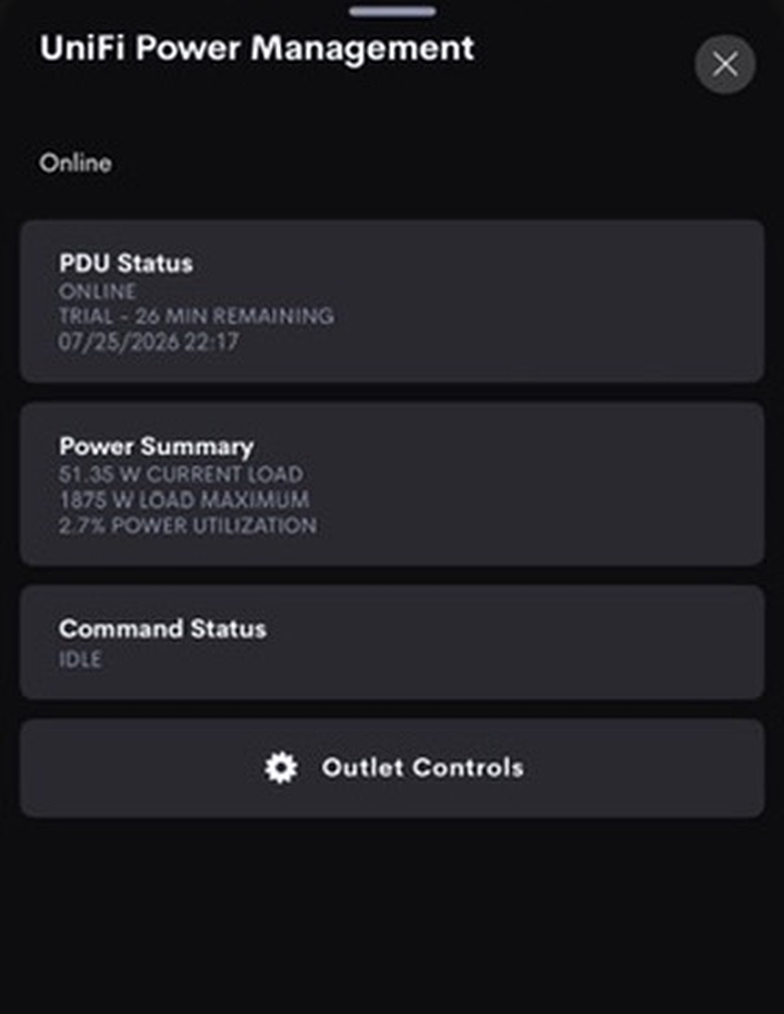 UniFi Power Management status and power summary in the Crestron Home iOS app