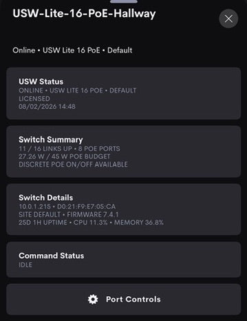 Crestron Home iOS app showing live UniFi USW switch status, link summary, PoE budget, and system details