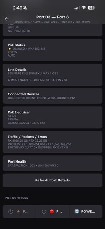 Crestron Home iOS app showing detailed UniFi switch port health, PoE electrical data, traffic, and controls