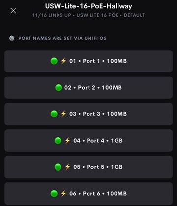 Live UniFi USW port list with link speeds and PoE indicators in Crestron Home